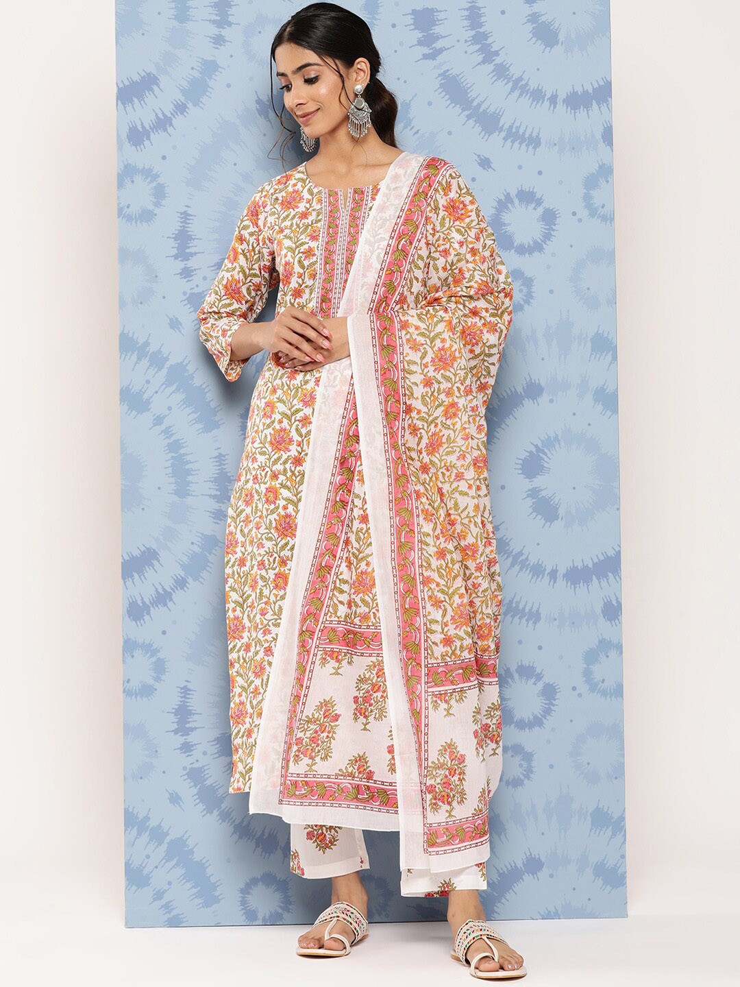 

Yufta Floral Printed Pure Cotton Straight Kurta with Trousers & Dupatta, Peach