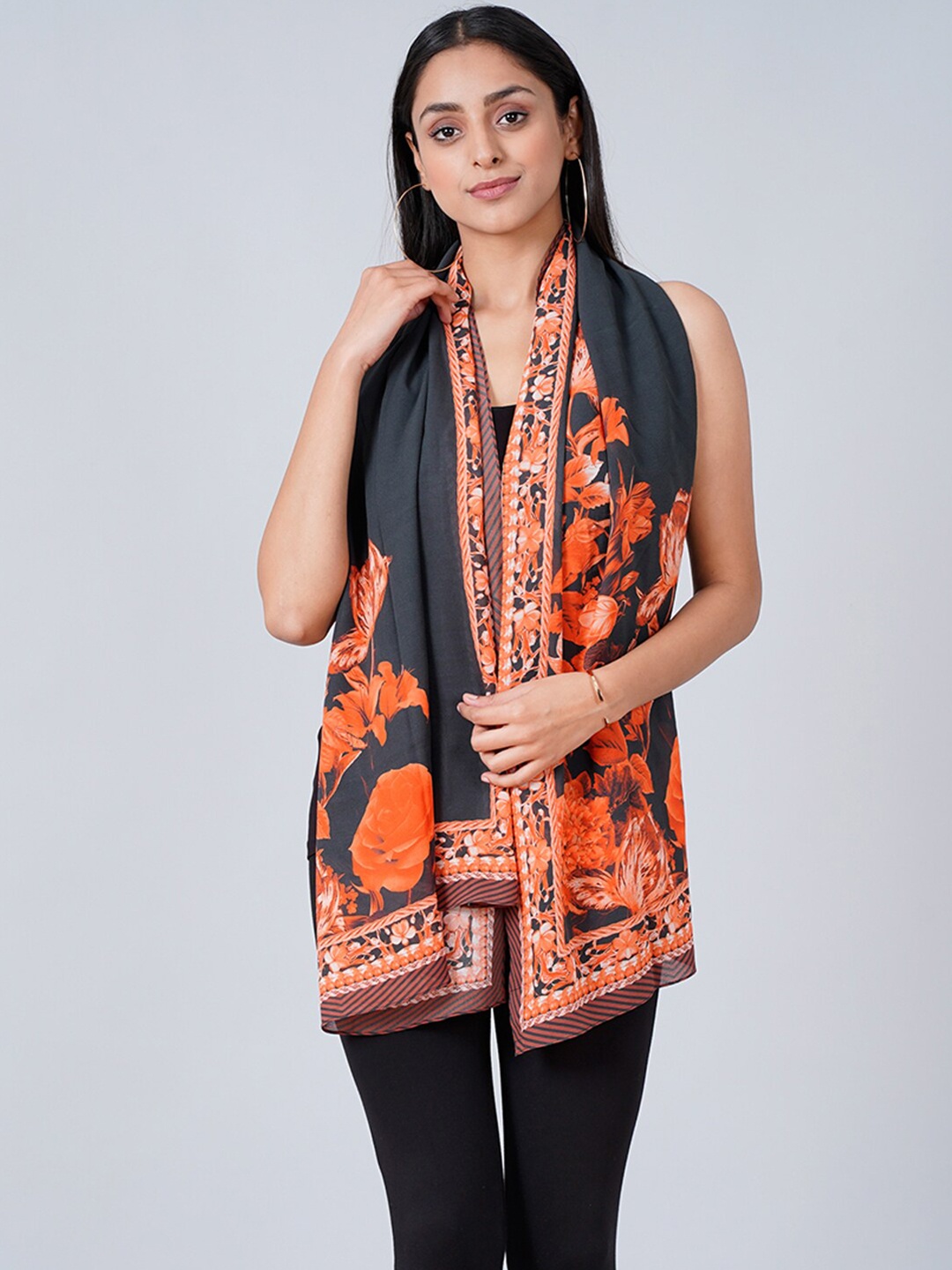 

First Resort by Ramola Bachchan Floral Printed Stole, Black
