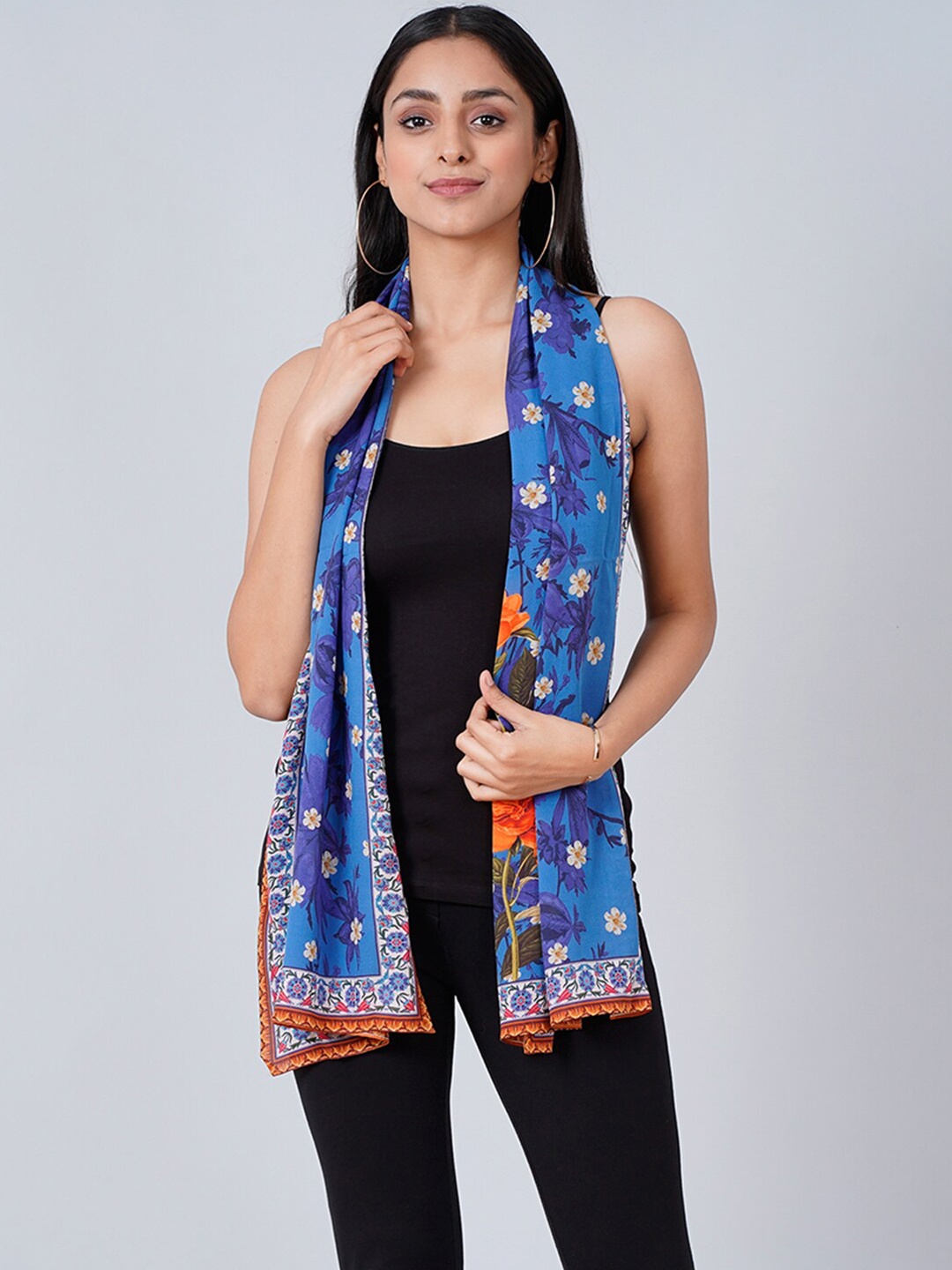 

First Resort by Ramola Bachchan Floral Printed Silk Stole, Blue
