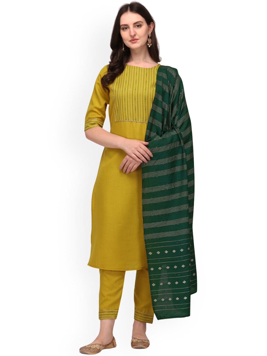 

DARIAN Yoke Design Regular Thread Work Kurta with Trousers & Dupatta, Mustard