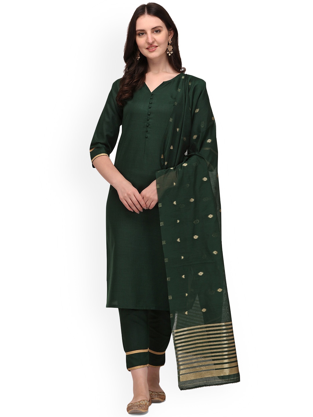 

DARIAN Round Neck Kurta with Trousers & With Dupatta, Green