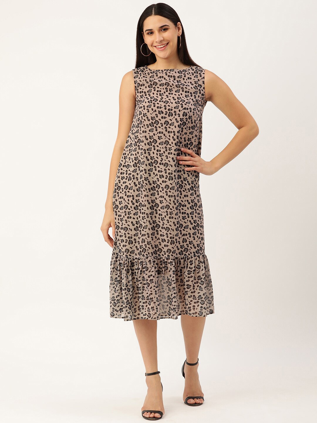 

MELOSO Animal Print Sleeveless Georgette A-Line Midi Dress, Beige