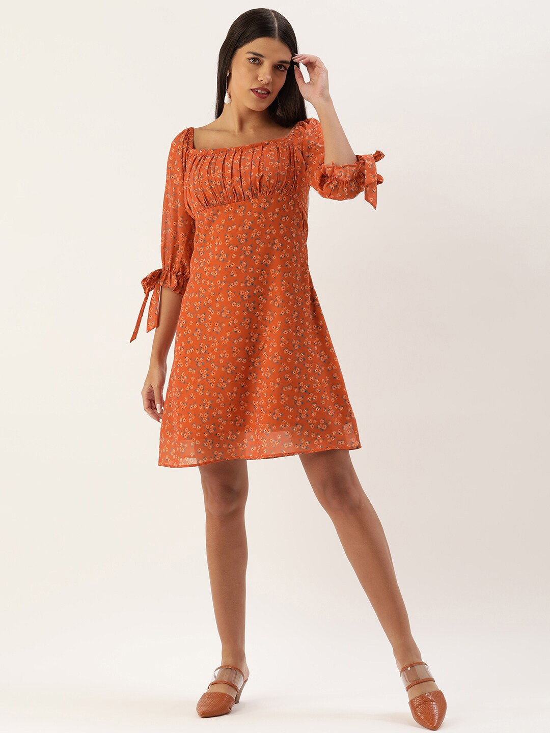 

MELOSO Floral Print Puff Sleeves Gathered Georgette A-Line Dress, Rust