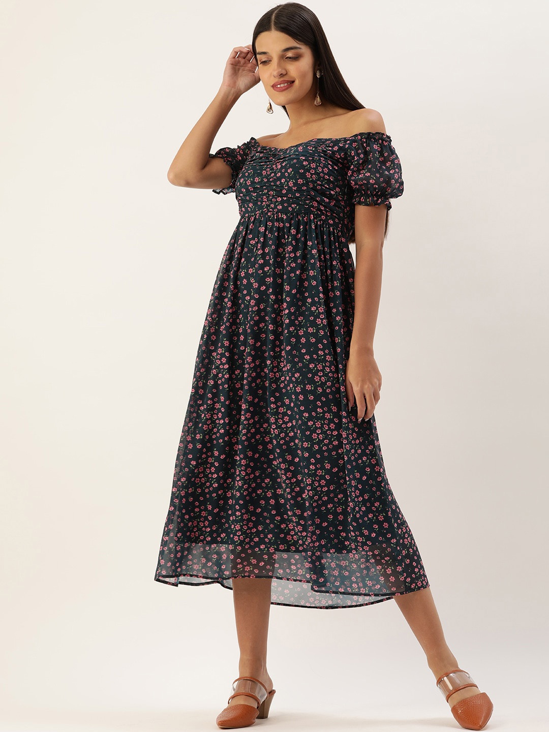 

MELOSO Floral Print Off-Shoulder Smocked Georgette Fit & Flare Midi Dress, Navy blue