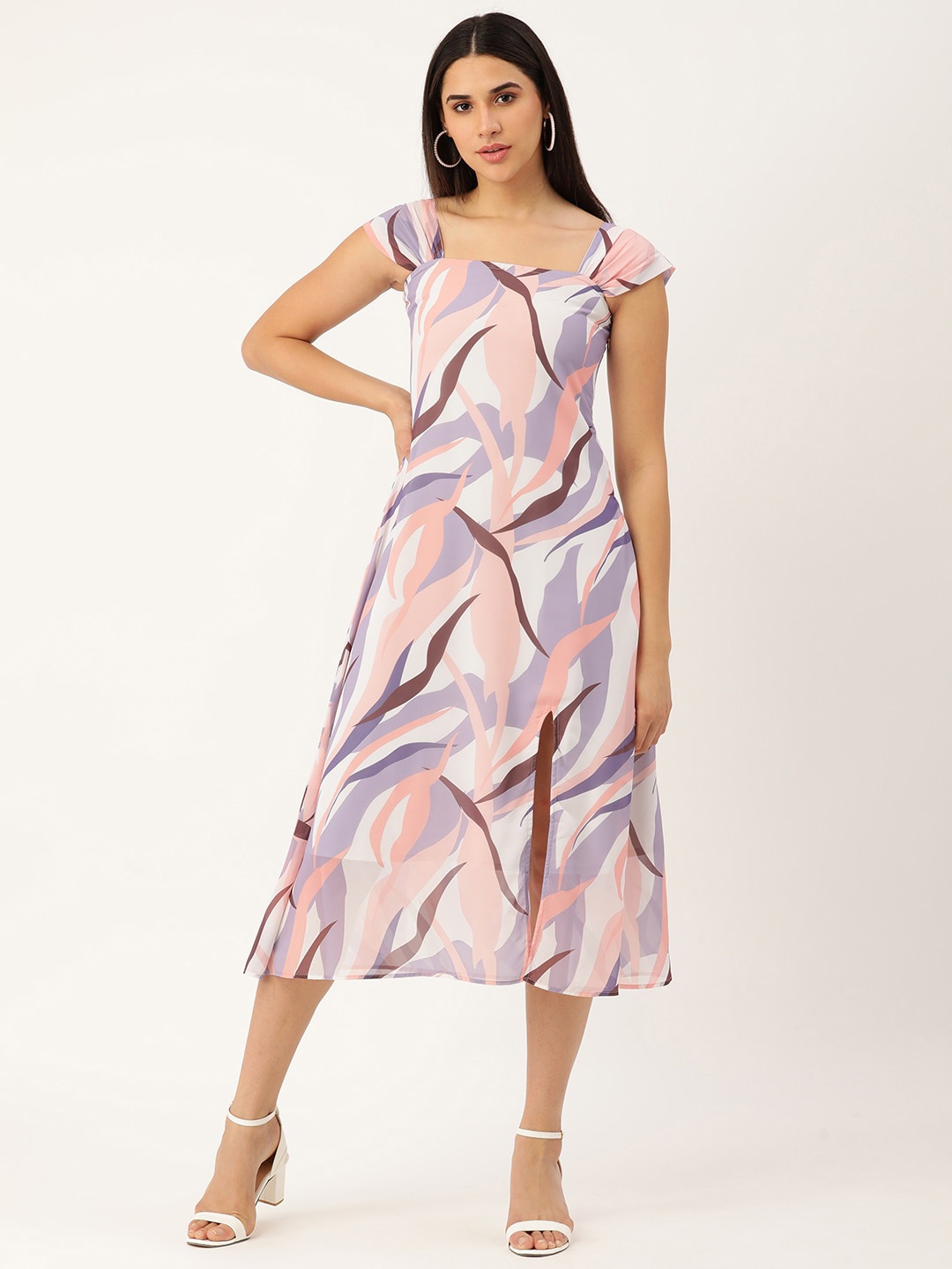 

MELOSO Abstract Print Square Neck Sleeveless Georgette A-Line Midi Dress, White