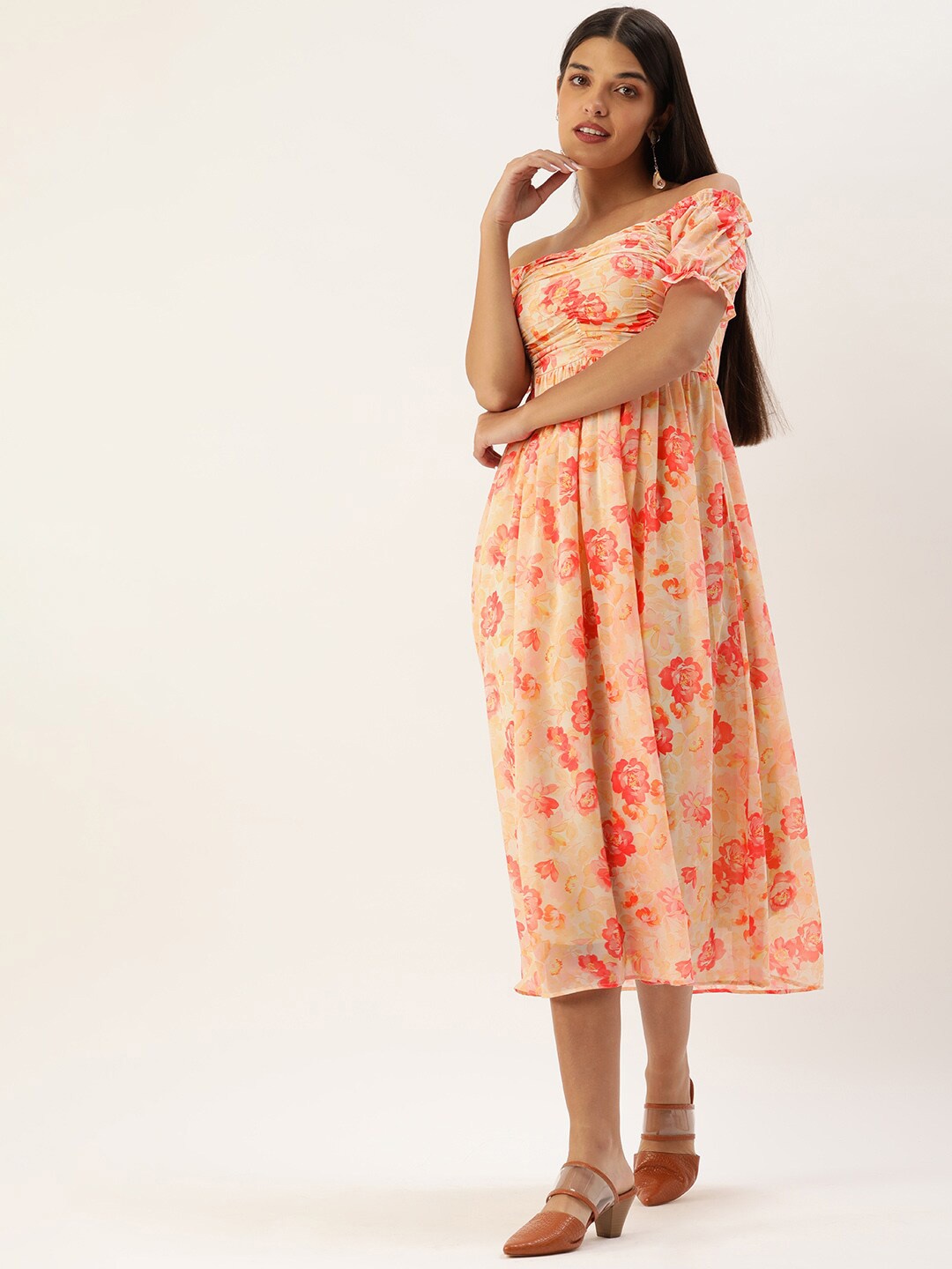 

MELOSO Floral Printed Georgette Fit & Flare Midi Dress, Orange