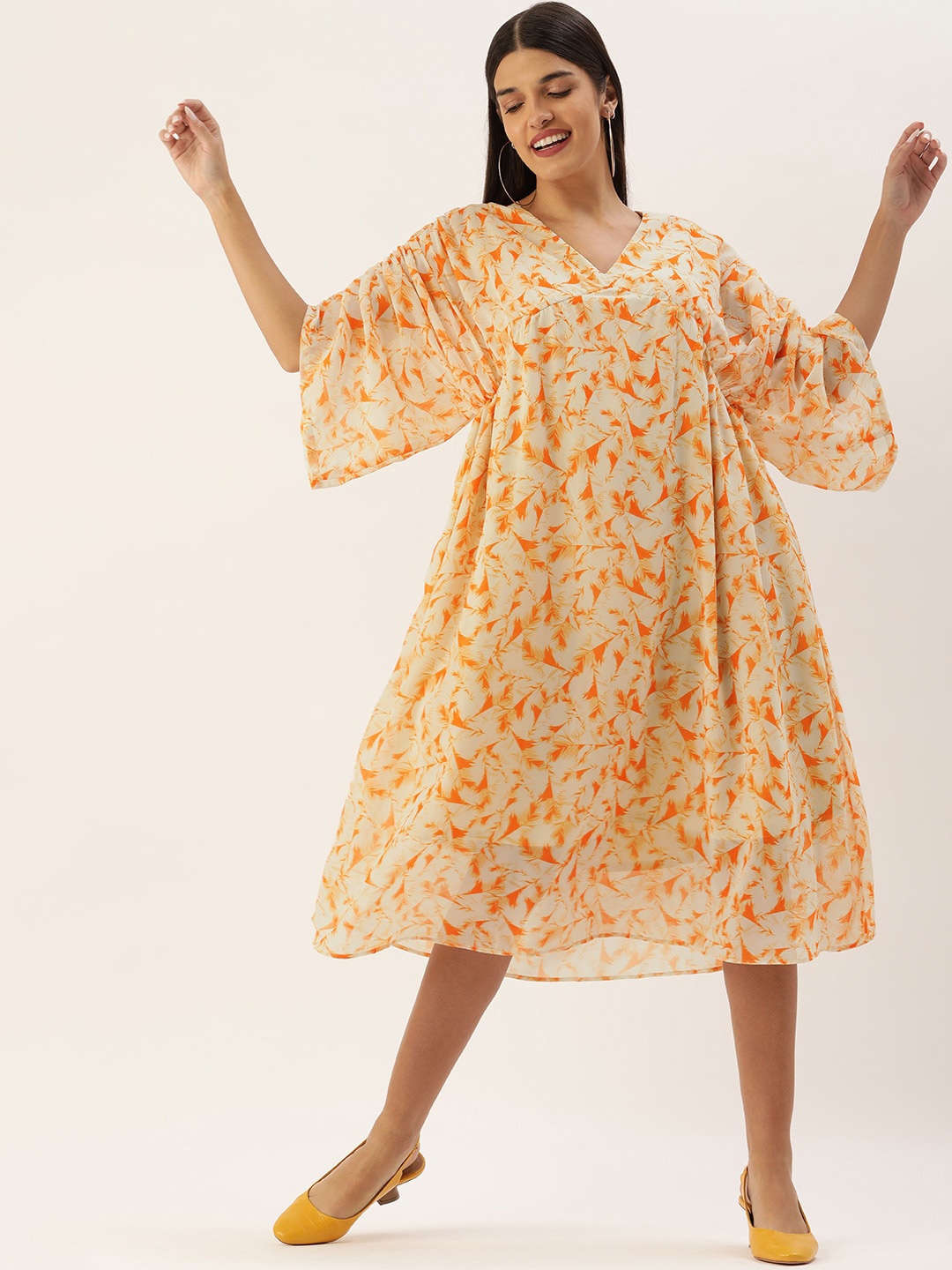 

MELOSO Floral Print Bell Sleeve Georgette A-Line Midi Dress, Orange