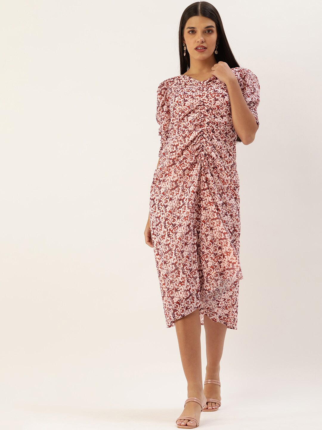 

MELOSO Abstract Print Smocked Georgette A-Line Midi Dress, Maroon