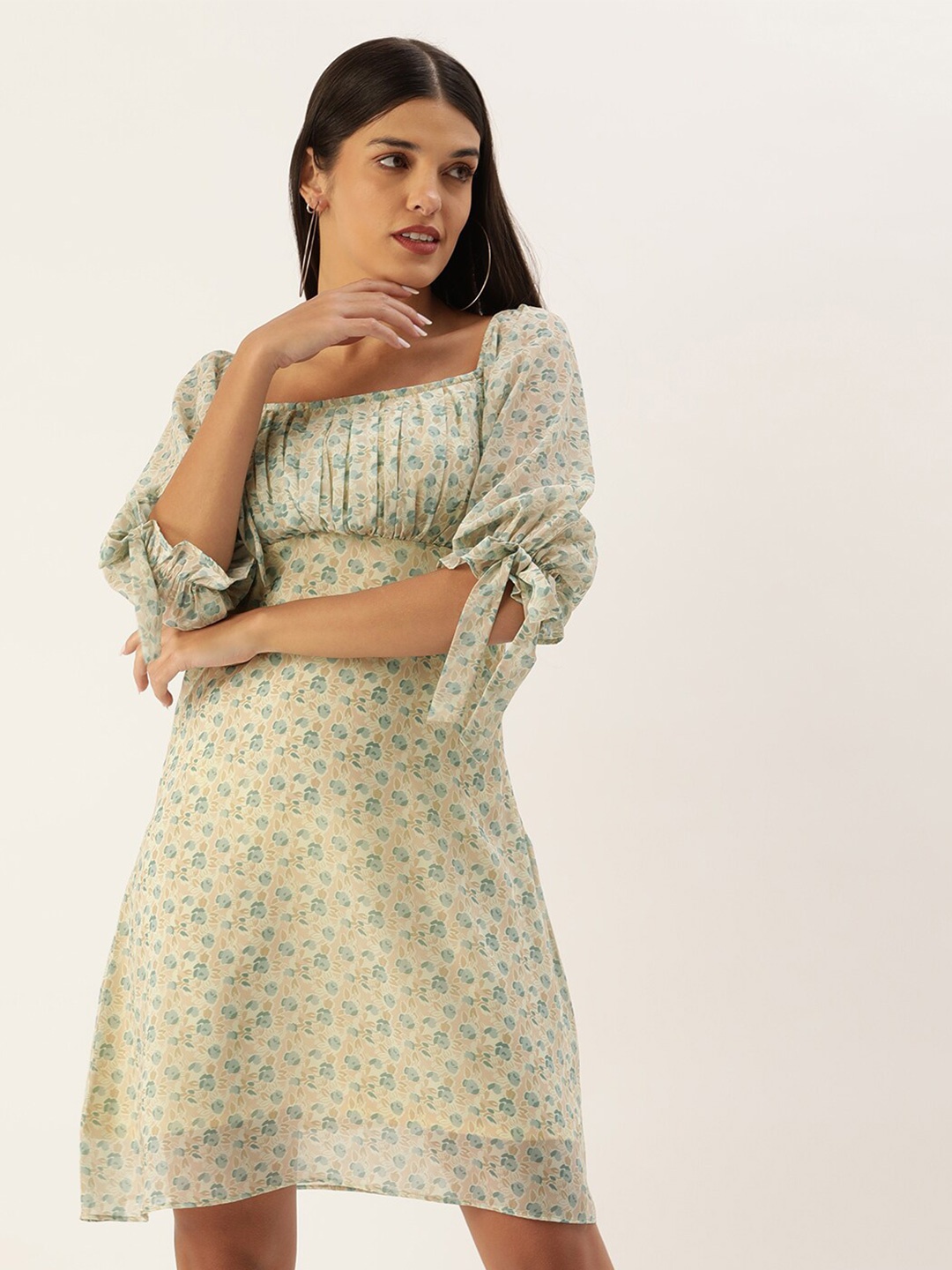 

MELOSO Floral Print Puff Sleeves Gathered Georgette A-Line Dress, Sea green
