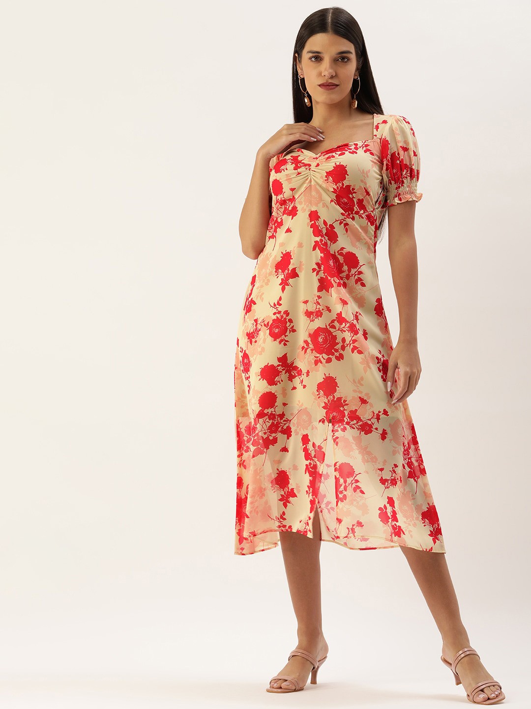 

MELOSO Floral Print Puff Sleeves Georgette Fit & Flare Midi Dress, Cream
