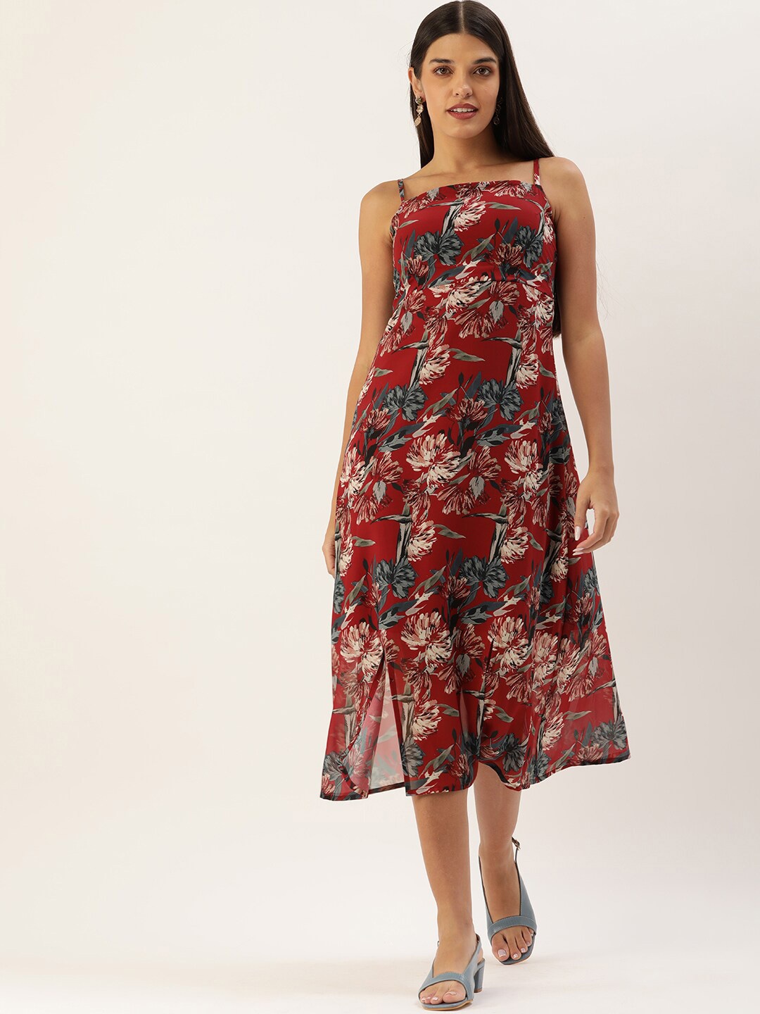 

MELOSO Floral Print Sleeveless Georgette Fit & Flare Midi Dress, Maroon