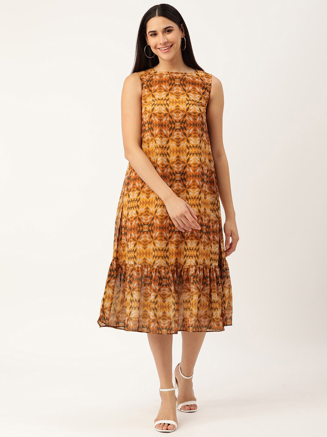 

MELOSO Geometric Print Boat Neck Sleeveless A-Line Midi Dress, Mustard