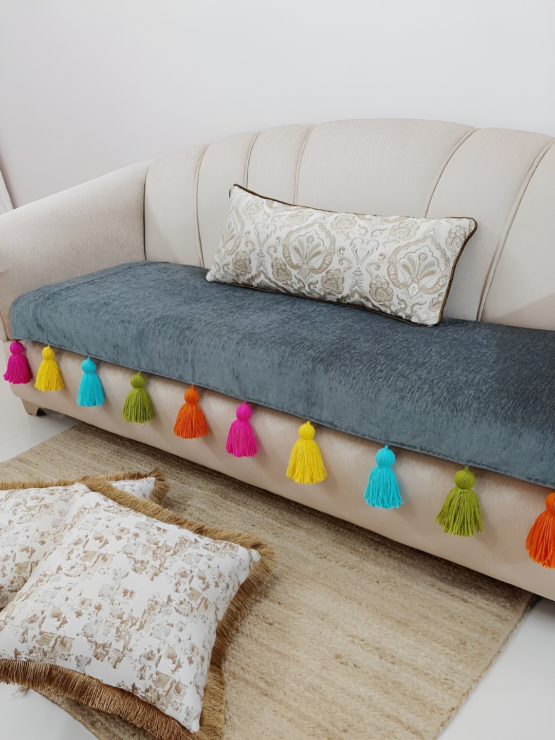 

THROWPILLOW Grey 3 Seater Sofa Cover With Tassels