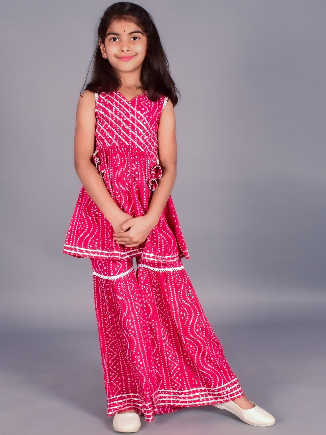 

BAESD Girls Bandhani Printed A-Line Kurta with Sharara, Pink