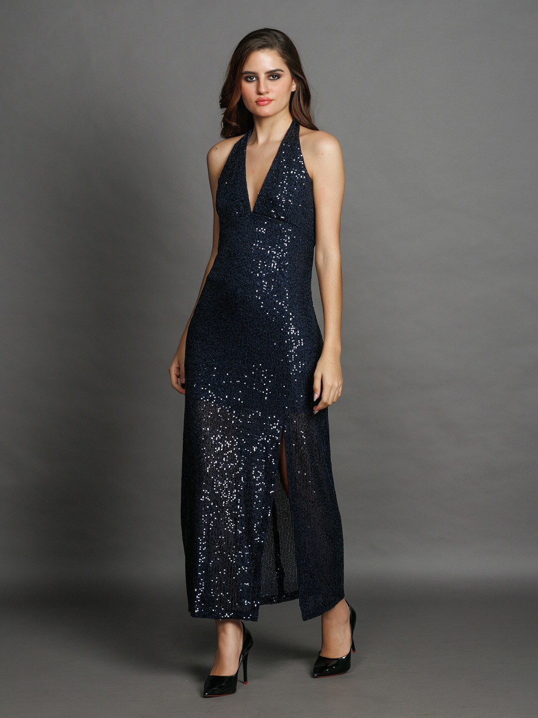 

Zink London Sequined Embellished Halter Neck Maxi Dress, Blue