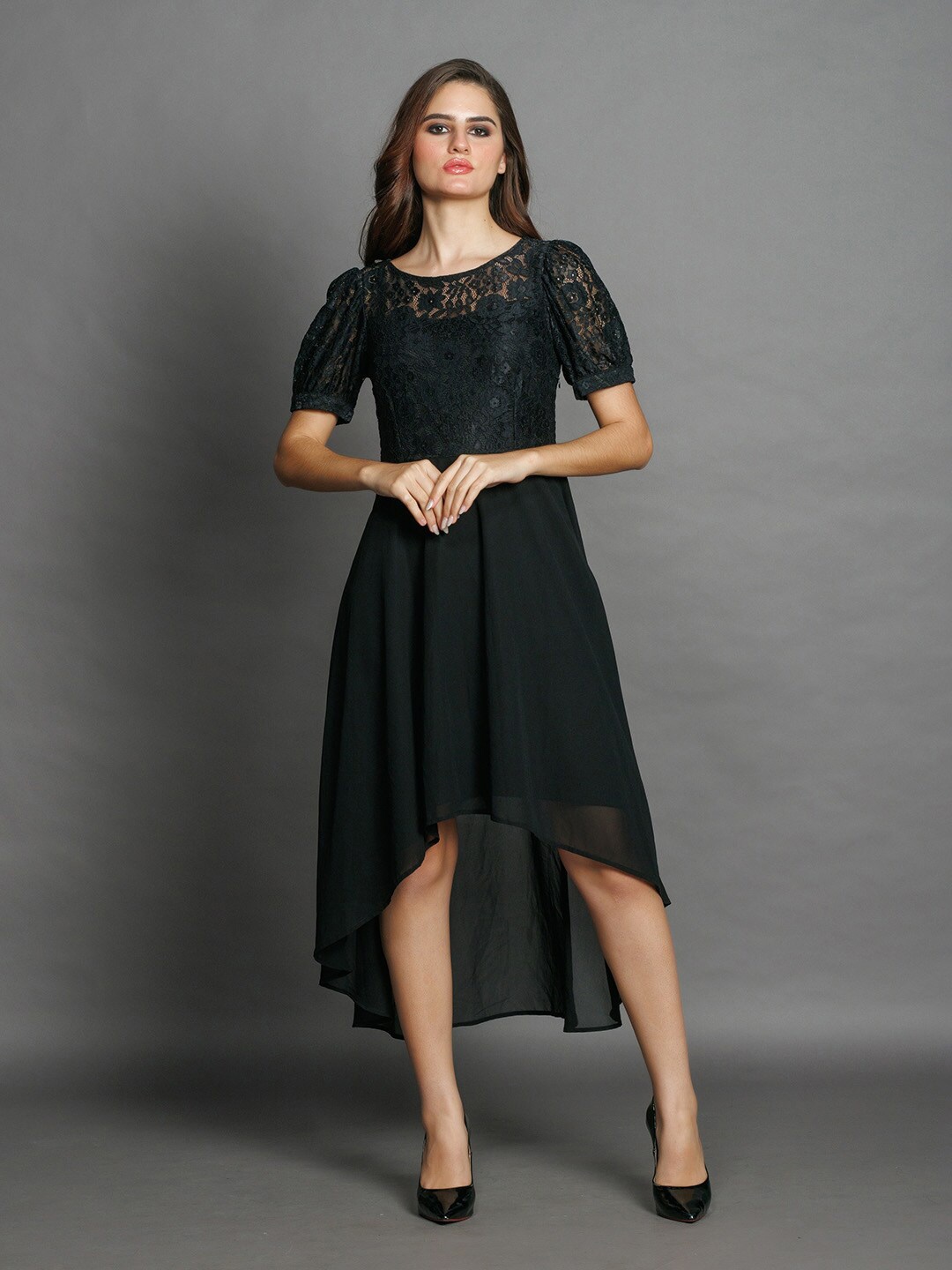 

Zink London Self Design Round Neck Fit & Flare Midi Dress, Black