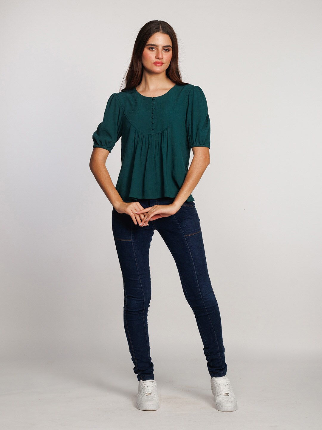 

Zink London Round Neck Puff Sleeves A-Line Top, Green