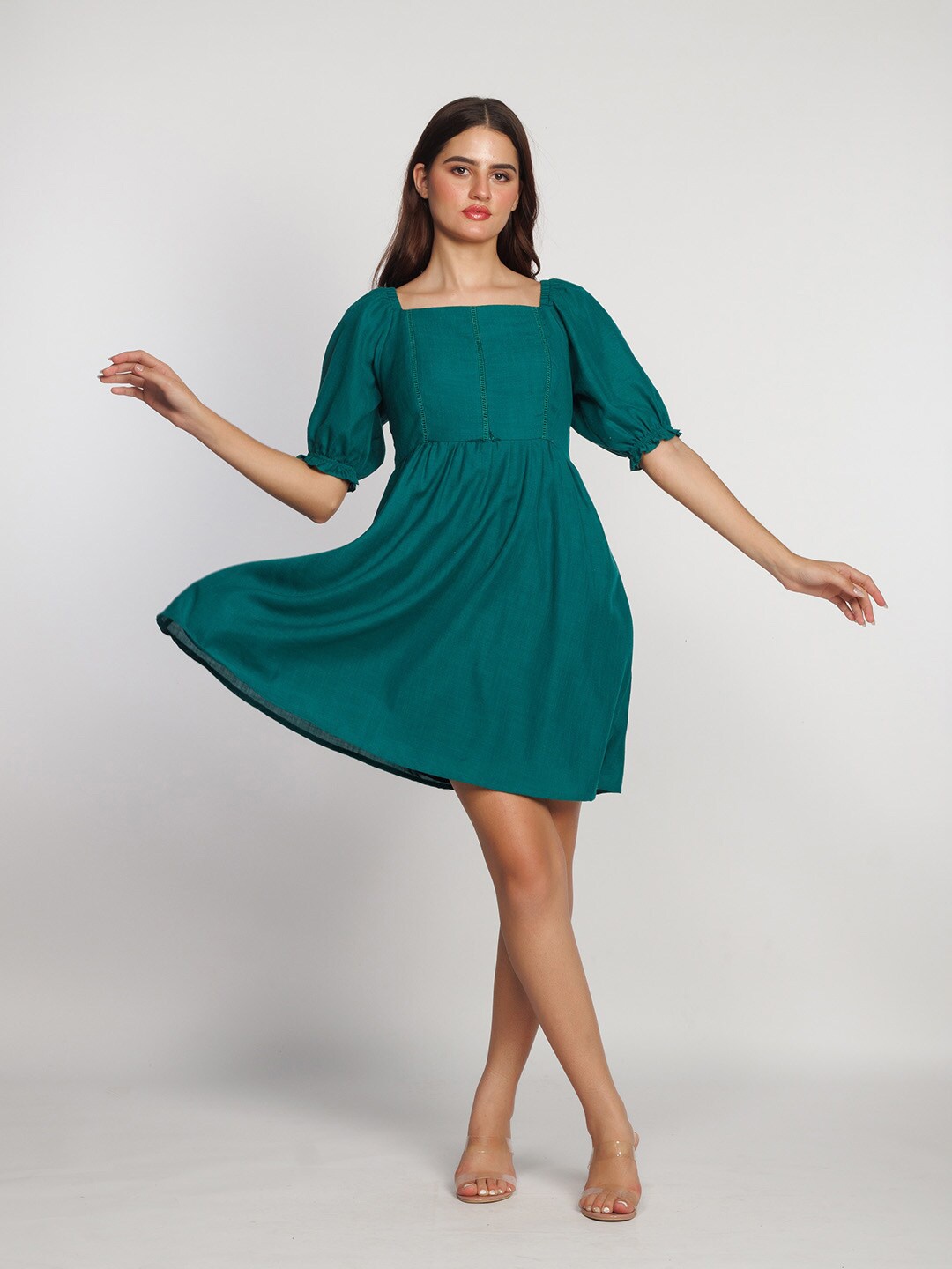

Zink London Square Neck Puff Sleeves Above Knee Fit & Flare Dress, Green