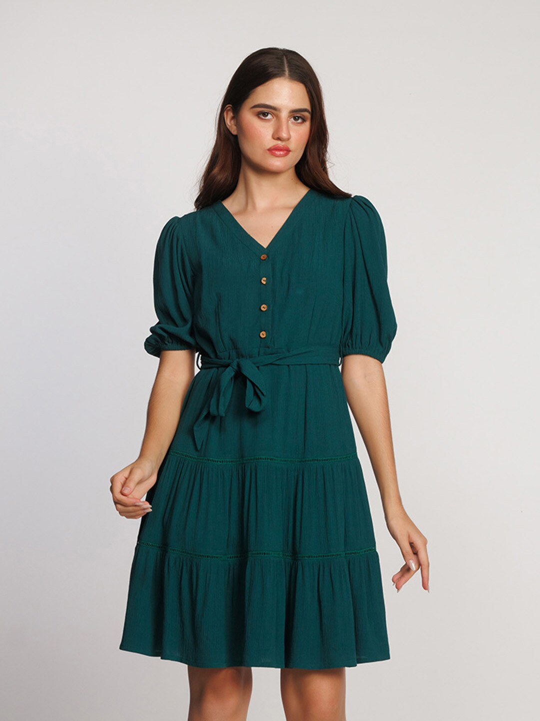 

Zink London V-Neck Puff Sleeves Above Knee Fit & Flare Dress, Green