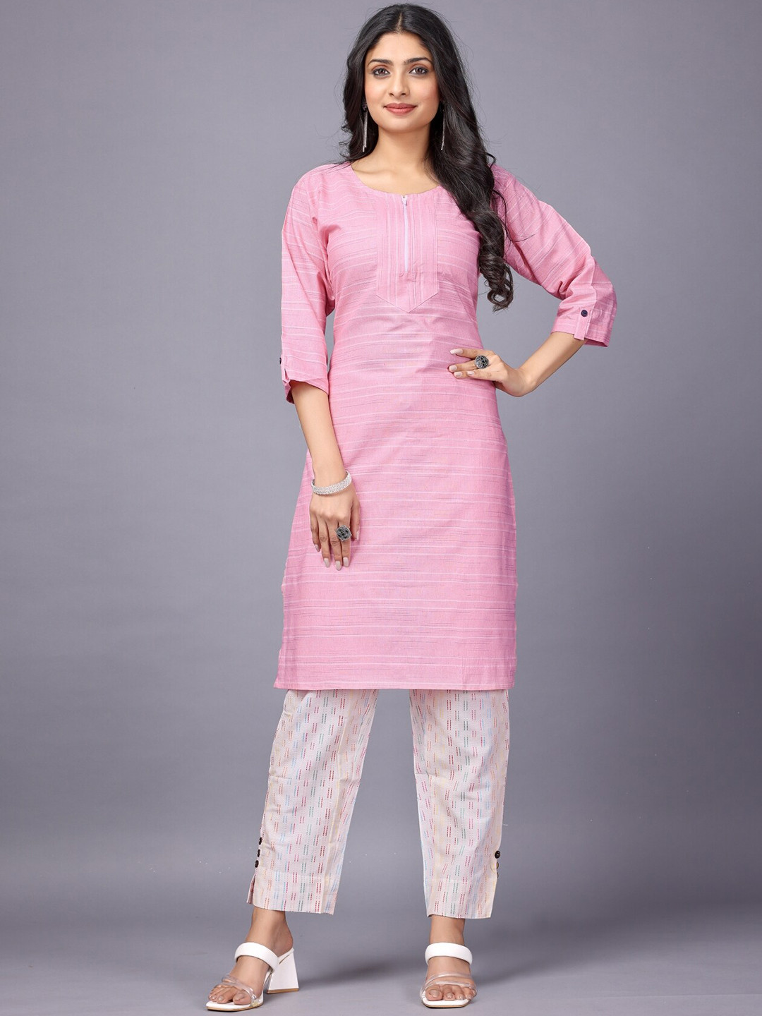 

Anouk Pink Striped Woven Design Straight Kurta with Trouser