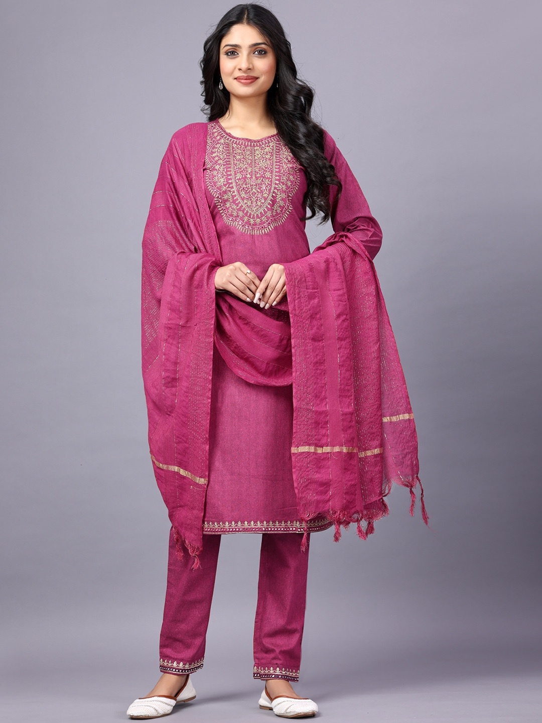 

Anouk Pink Floral Yoke Design Straight Kurta with Trousers & Dupatta