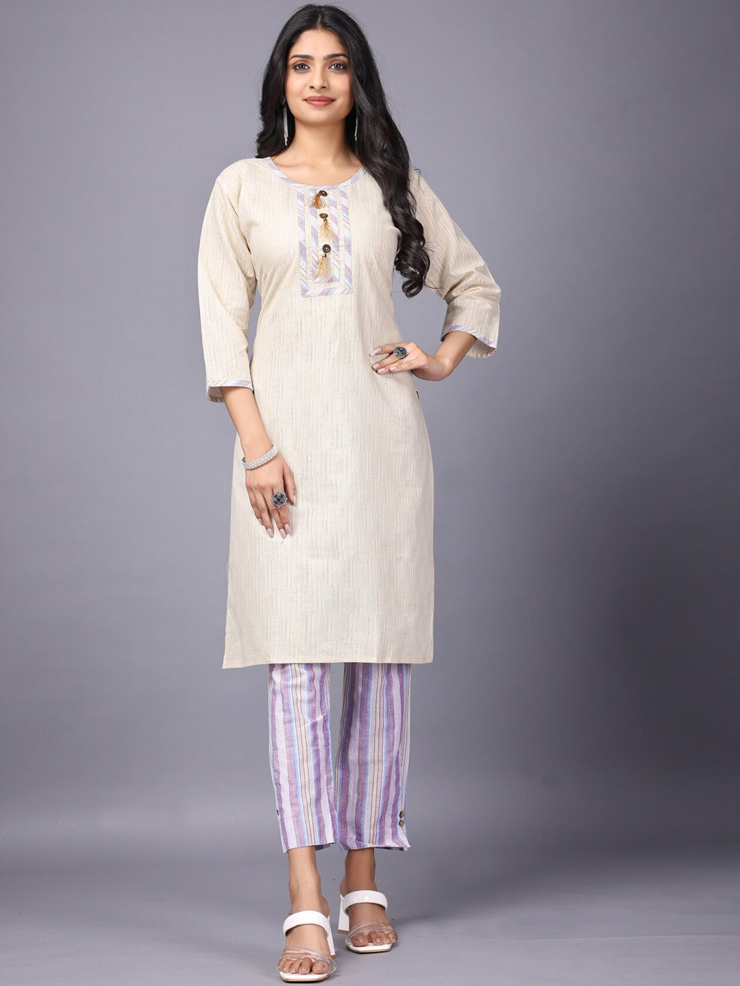 

Anouk Jute Cotton Regular Straight Kurta with Trousers, Cream