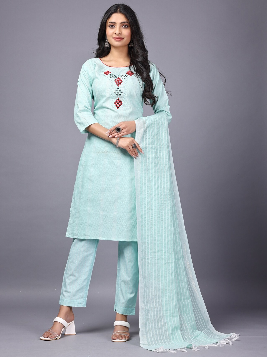 

Anouk Yoke Design Regular Mirror Work Kurta with Trousers & With Dupatta, Green