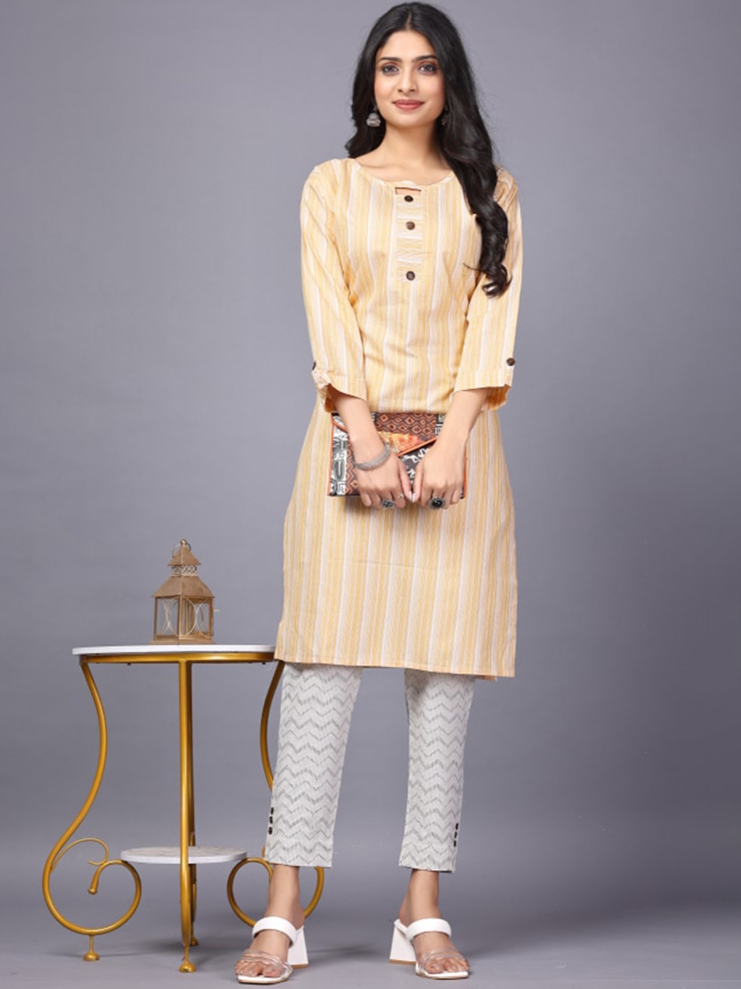 

Anouk Striped Straight Kurta with Trousers, Beige
