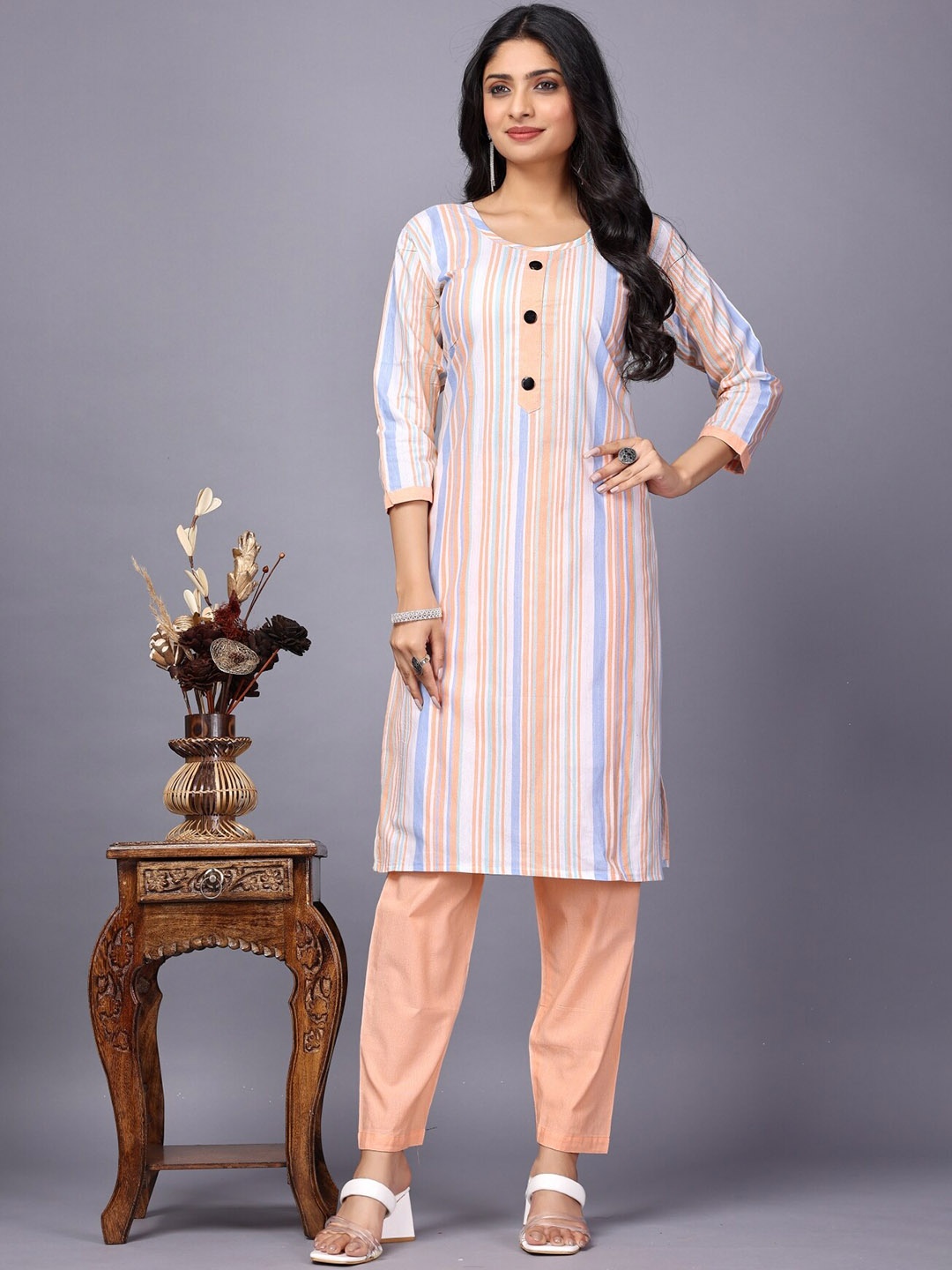 

Anouk Striped Regular Straight Kurta with Trousers, Peach