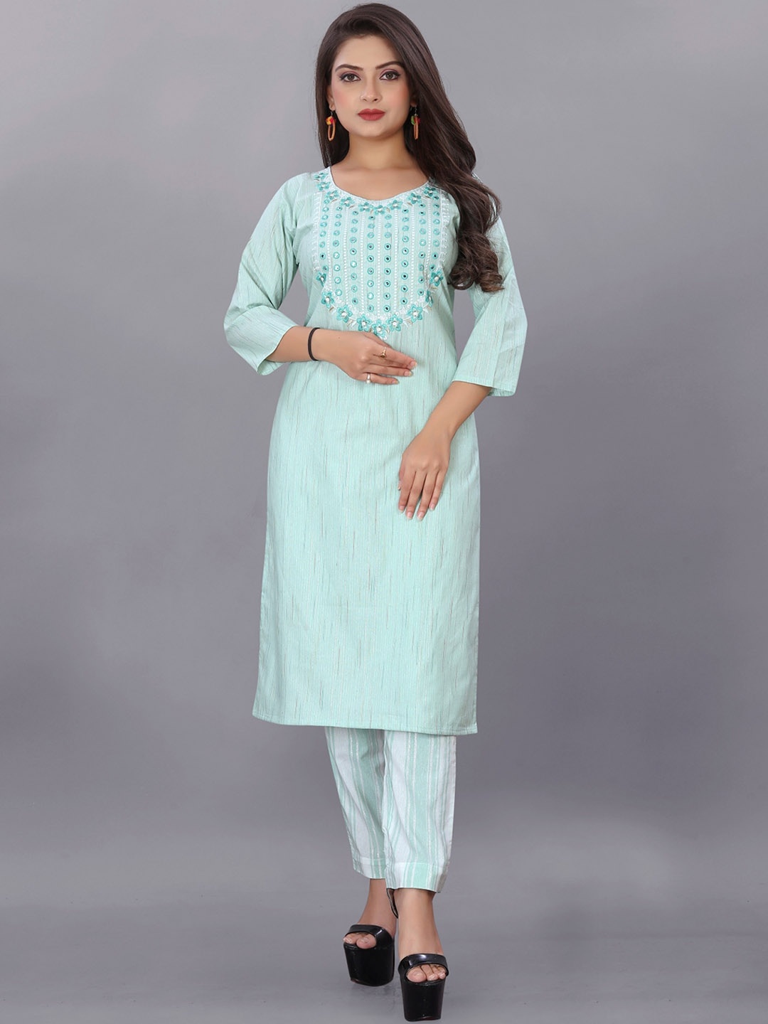 

Anouk Ethnic Motifs Yoke Design Straight Mirror Work Kurta with Trousers, Blue