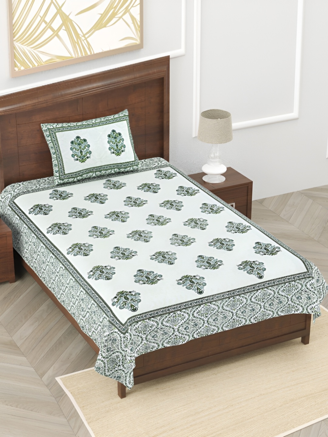 

EasyGoods Green & White Floral Printed Cotton 120 TC Single Bedsheet with 1 Pillow Cover