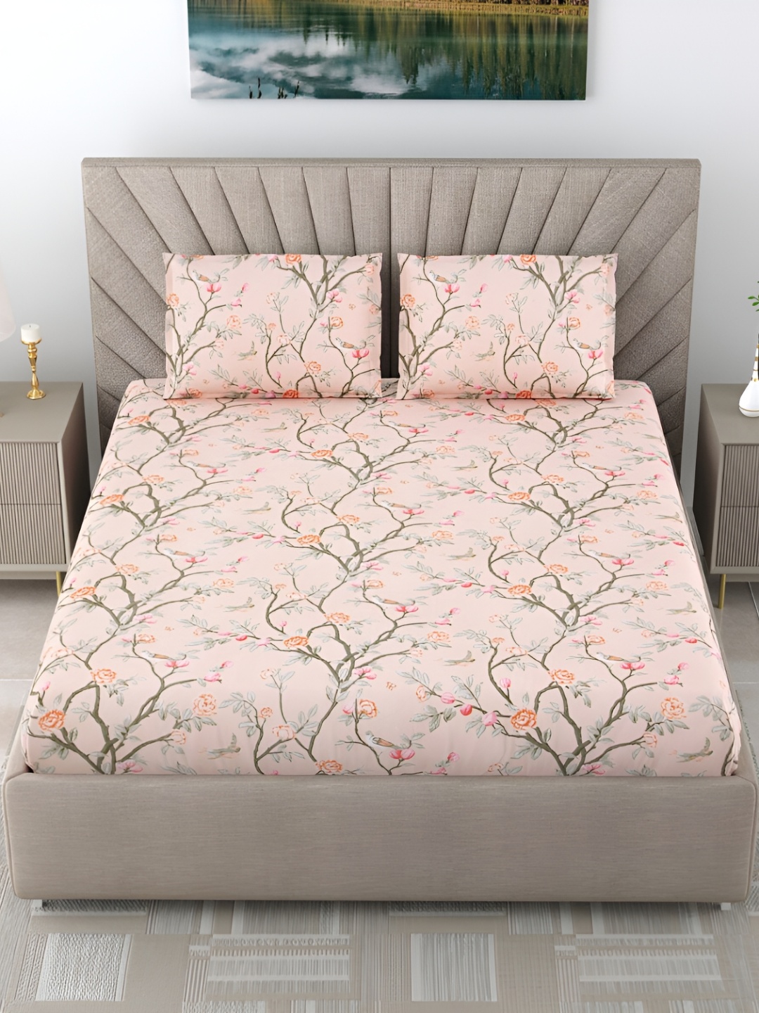 

EasyGoods Peach-Coloured & Grey Printed 120 TC King Bedsheet with 2 Pillow Covers