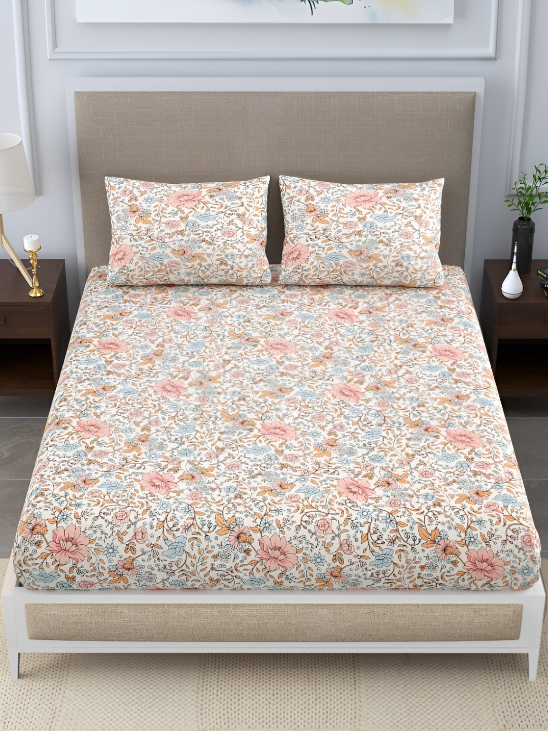 

EasyGoods White & Pink Floral Printed 120 TC Single Bedsheet With 2 Pillow Covers