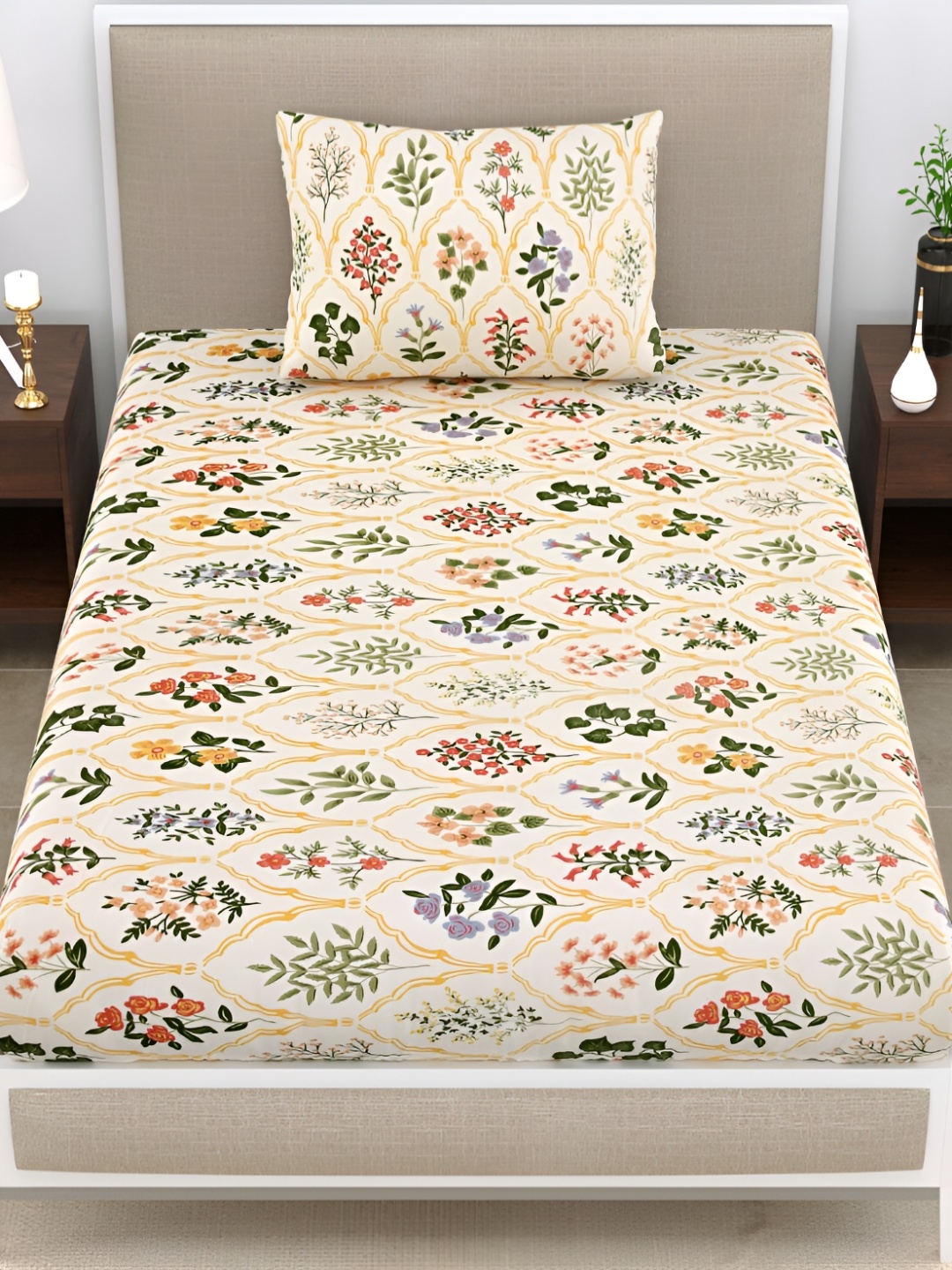 

EasyGoods Cream Coloured & Green Floral Printed 120 TC Single Bedsheet With 1 Pillow Cover