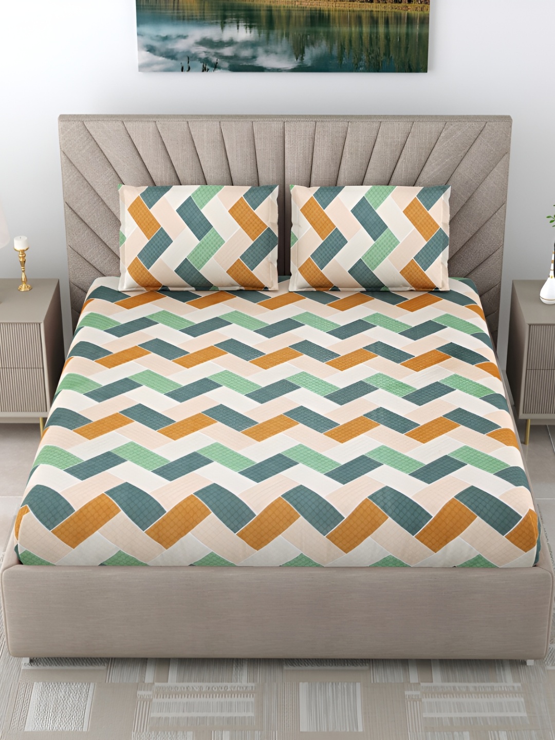 

EasyGoods Green & Orange Geometric Printed 120 TC King Bedsheet With 2 Pillow Covers