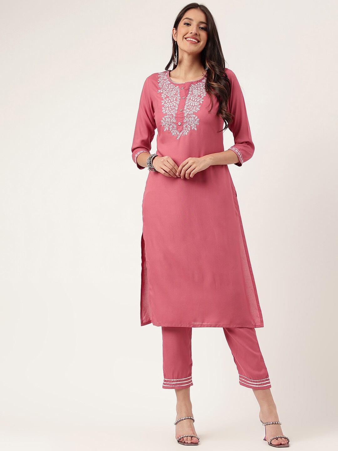 

Cora Yoke Design Straight Thread Work Kurta with Trousers, Pink