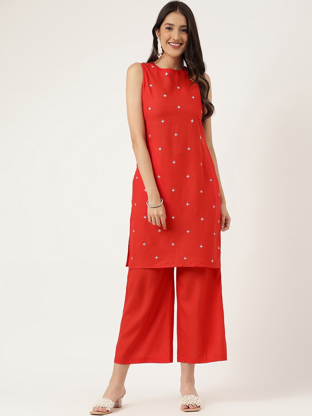 

Cora Ethnic Motifs Embroidered Straight Kurta With Palazzos, Red