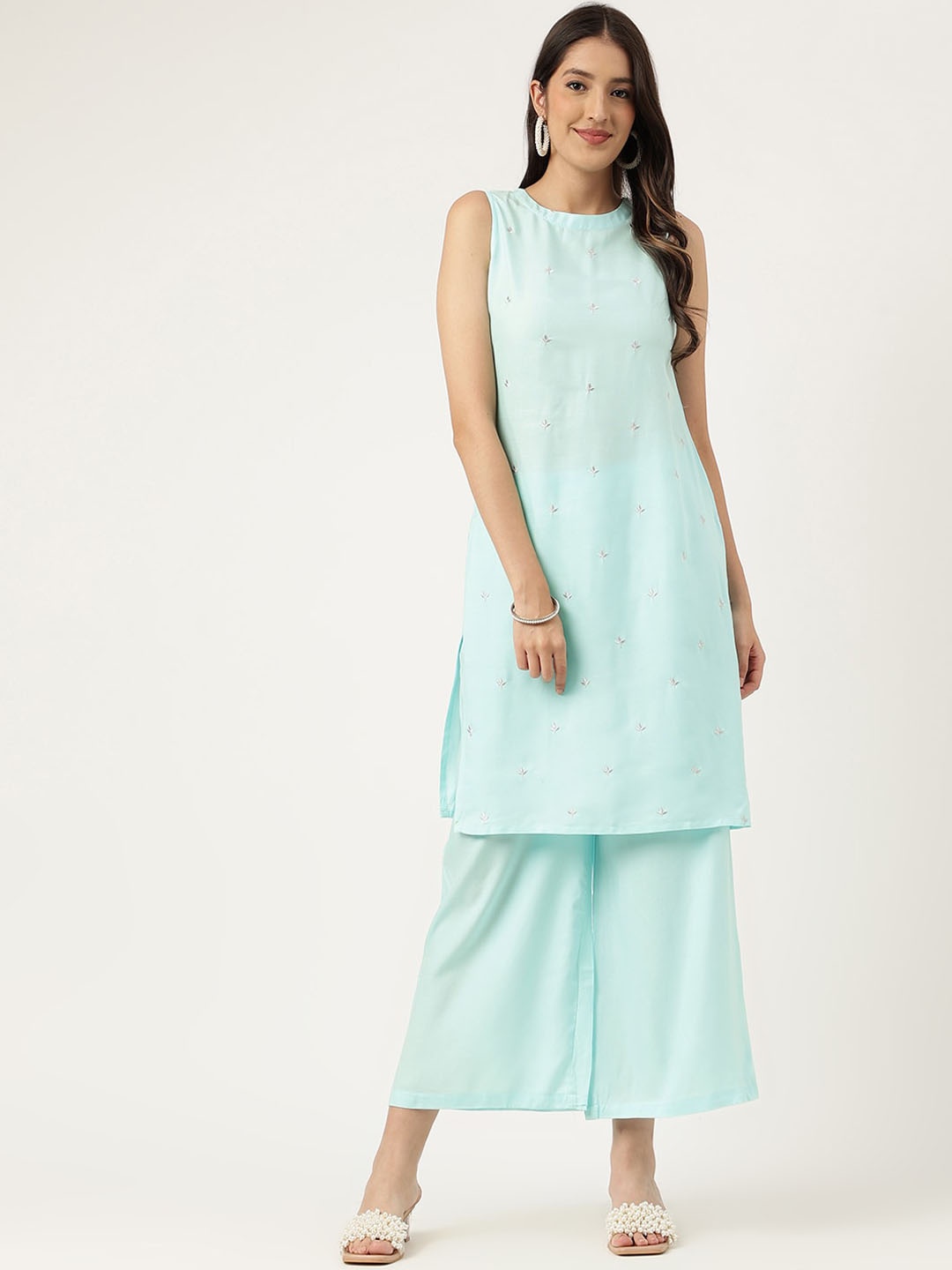 

Cora Ethnic Motifs Embroidered Straight Kurta With Palazzos, Turquoise blue