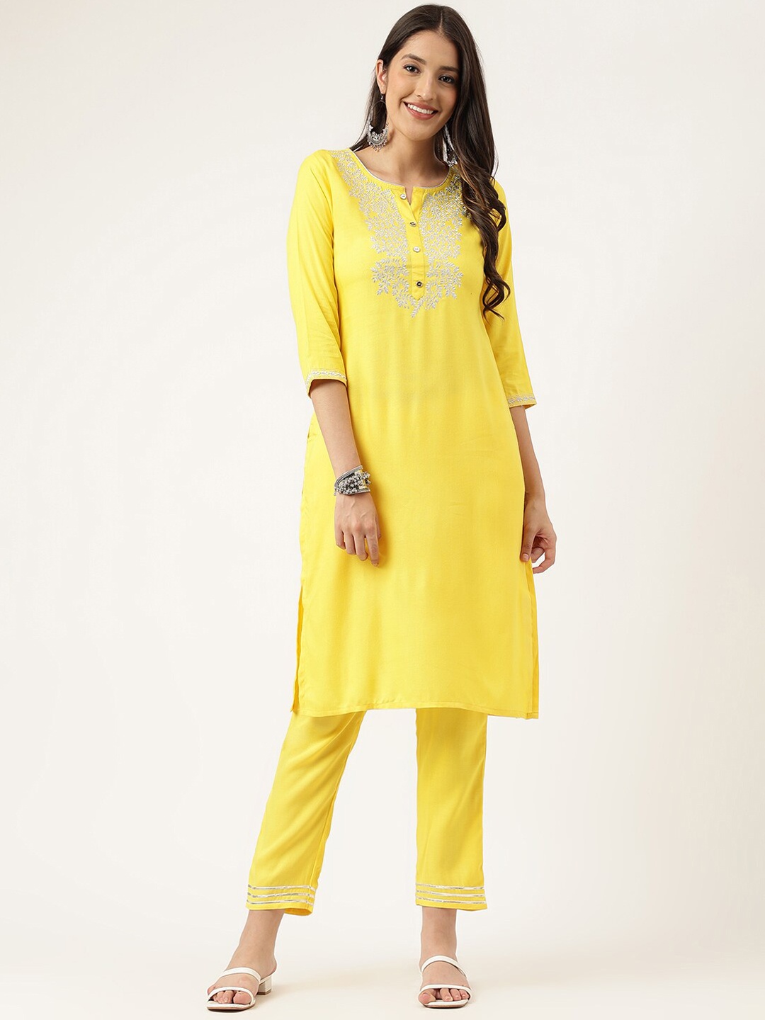 

Cora Floral Embroidered Thread Work Kurta with Trousers, Yellow
