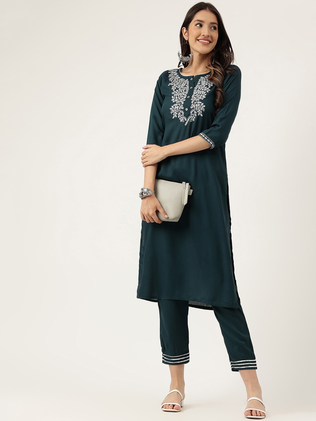 

Cora Yoke Design Straight Thread Work Kurta with Trousers, Teal