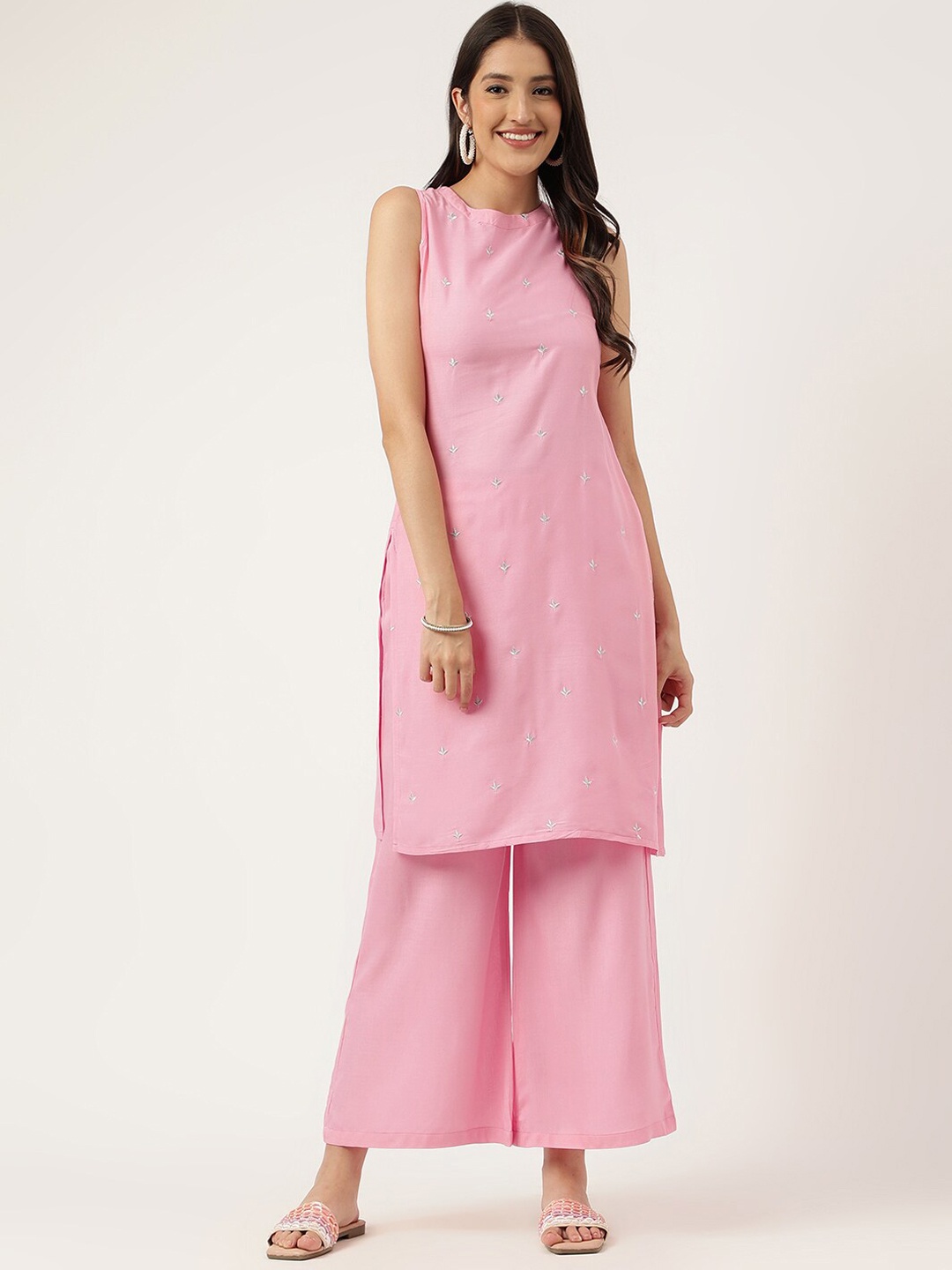 

Cora Ethnic Motifs Embroidered Straight Kurta With Palazzos, Pink