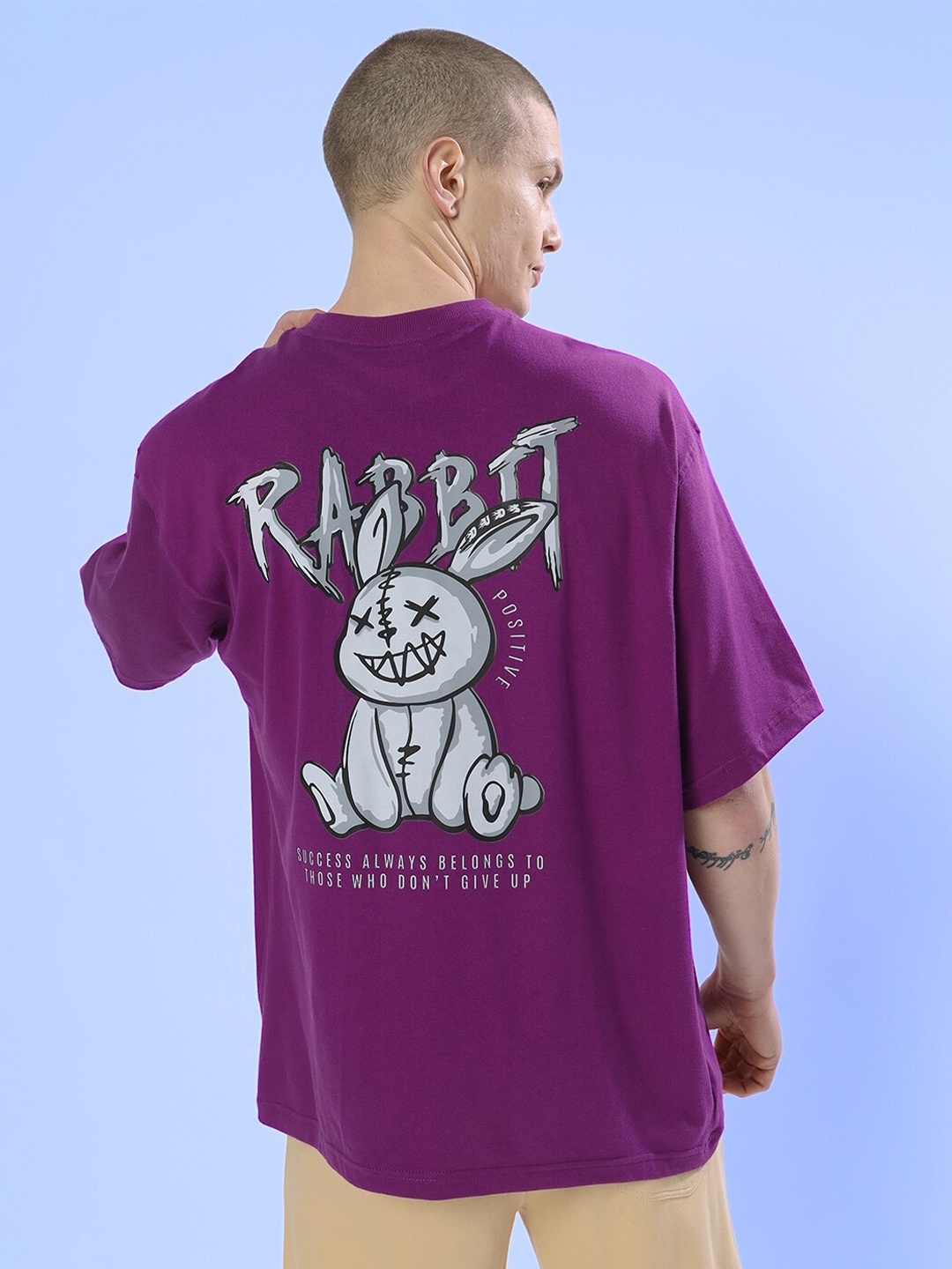 

WEARDUDS Printed Oversized Pure Cotton Drop-Shoulder Sleeves Bio Finish T-shirt, Purple