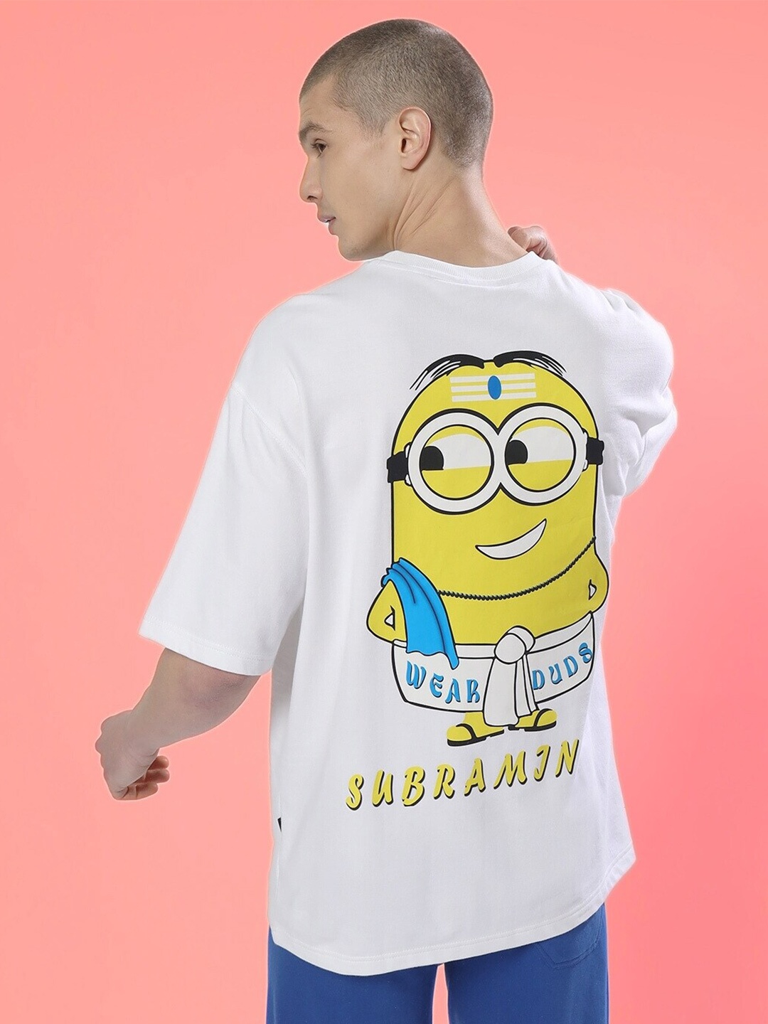 

WEARDUDS Minions Printed Oversized Pure Cotton Drop-Shoulder Sleeves Bio Finish T-shirt, White