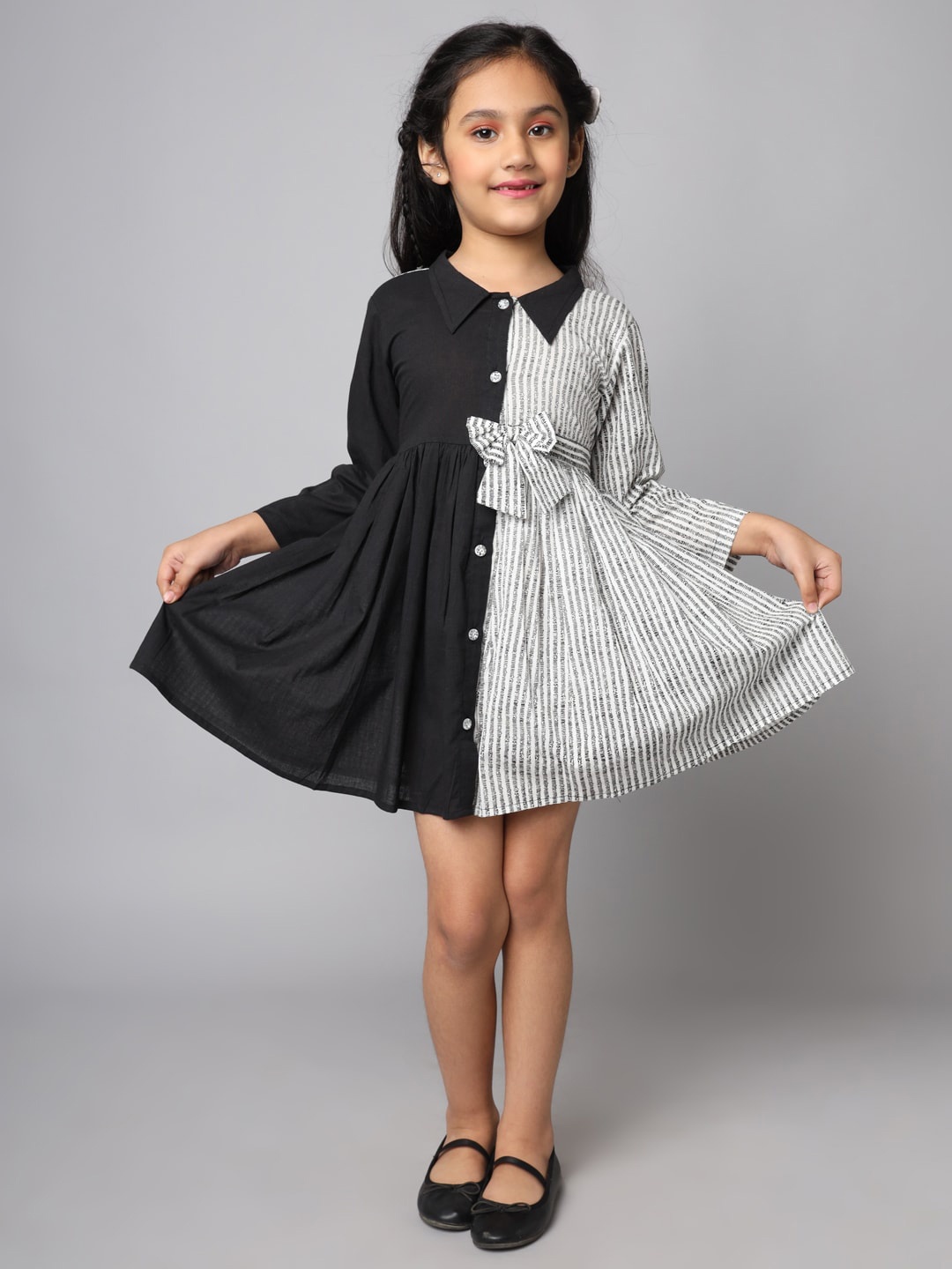 

FABRIC FITOOR Striped Peter Pan Collar Bell Sleeve Fit & Flare Dress, Black