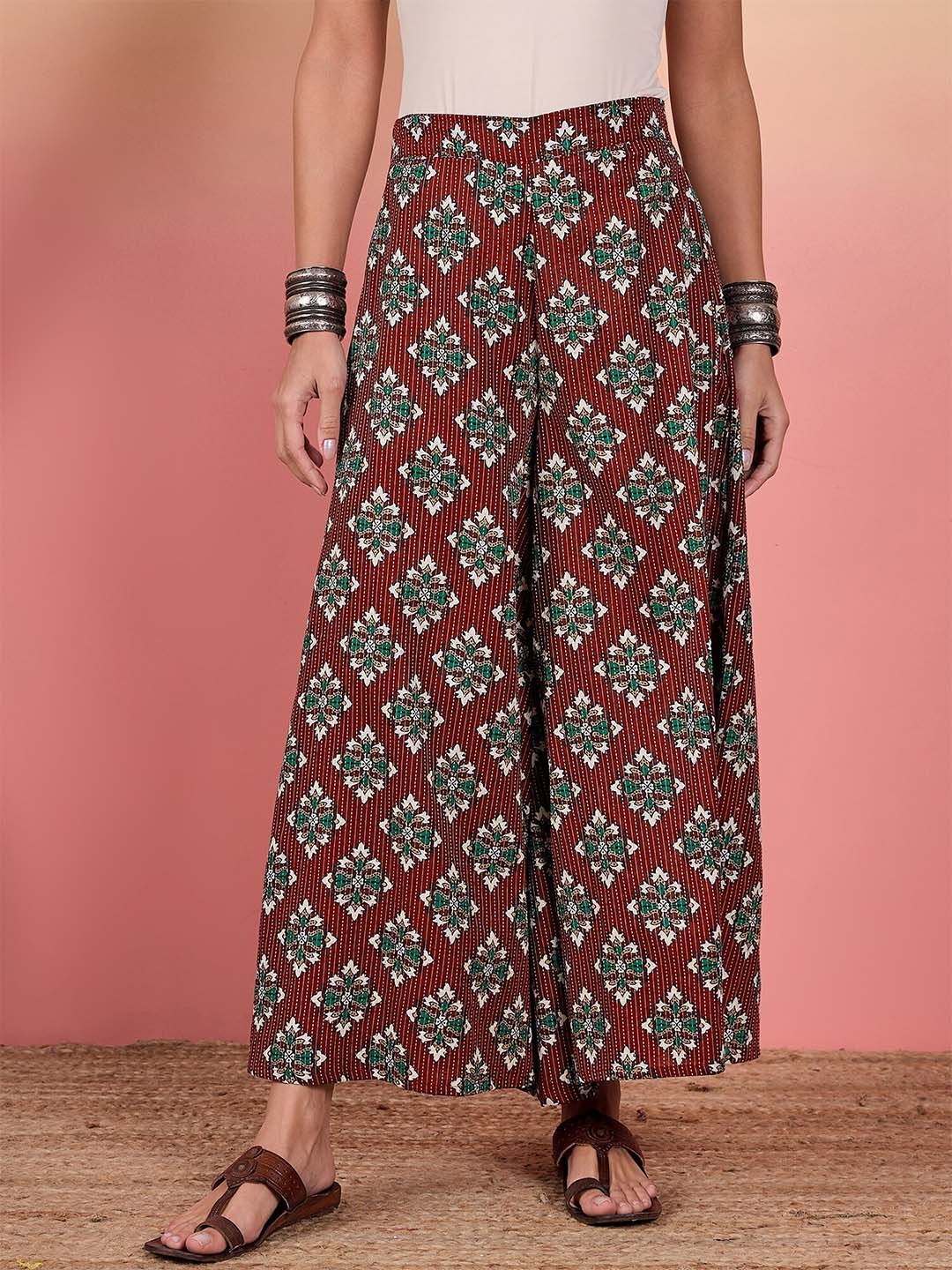 

InWeave Women Printed Flared Ethnic Palazzos, Burgundy