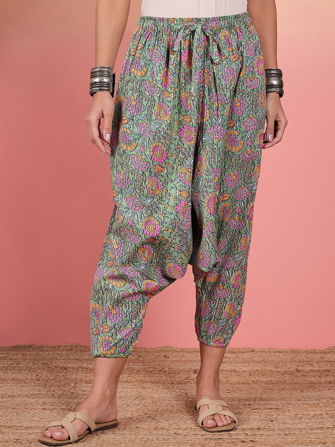 

InWeave Women Kantha Floral Jaal Printed Mid-Rise Cropped Harem Pants, Green