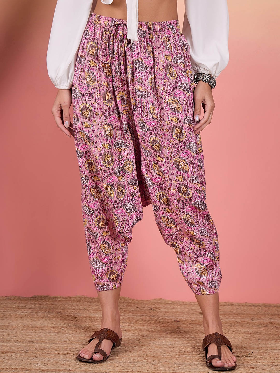 

InWeave Women Kantha Floral Jaal Printed High-Rise Loose-Fit Cropped Harem Pants, Pink