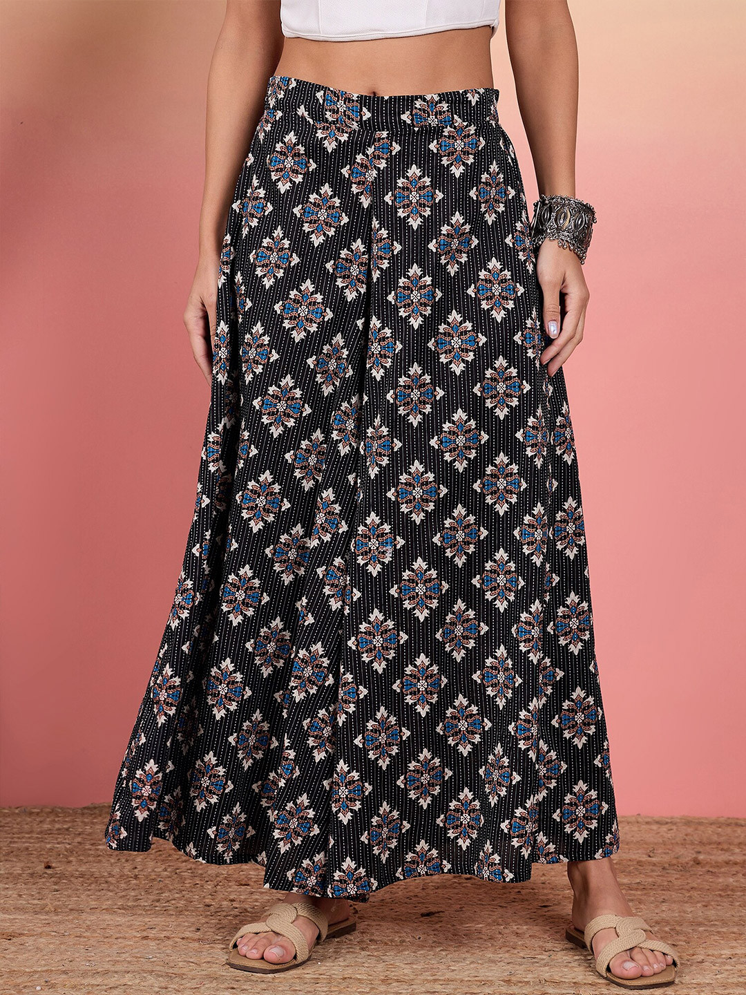 

InWeave Women Floral Printed Flared Ethnic Palazzos, Black
