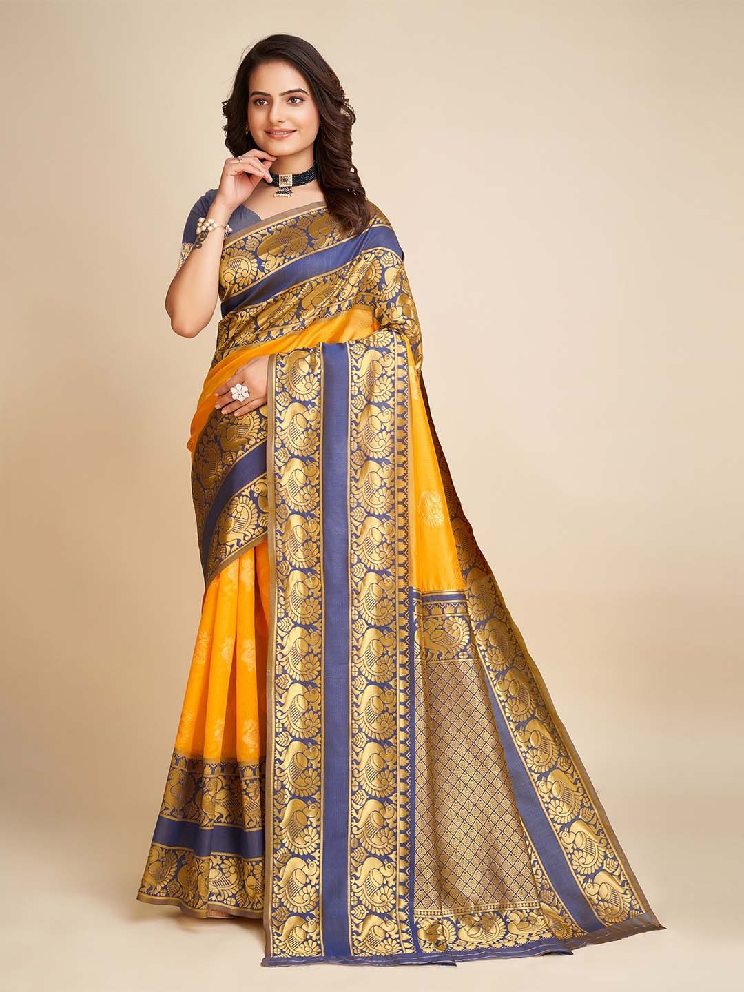 

BerMondsey Ethnic Motifs Woven Design Zari Banarasi Saree, Yellow
