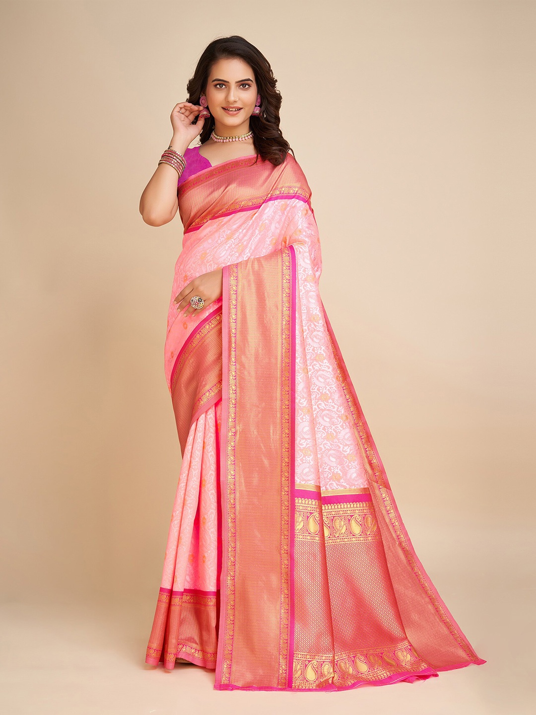 

BerMondsey Ethnic Motifs Woven Design Zari Banarasi Saree, Pink